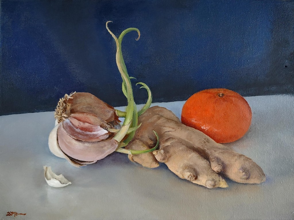 Image of still life painting with a sprouting garlic, ginger root and tangerine against a dark blue and black background.